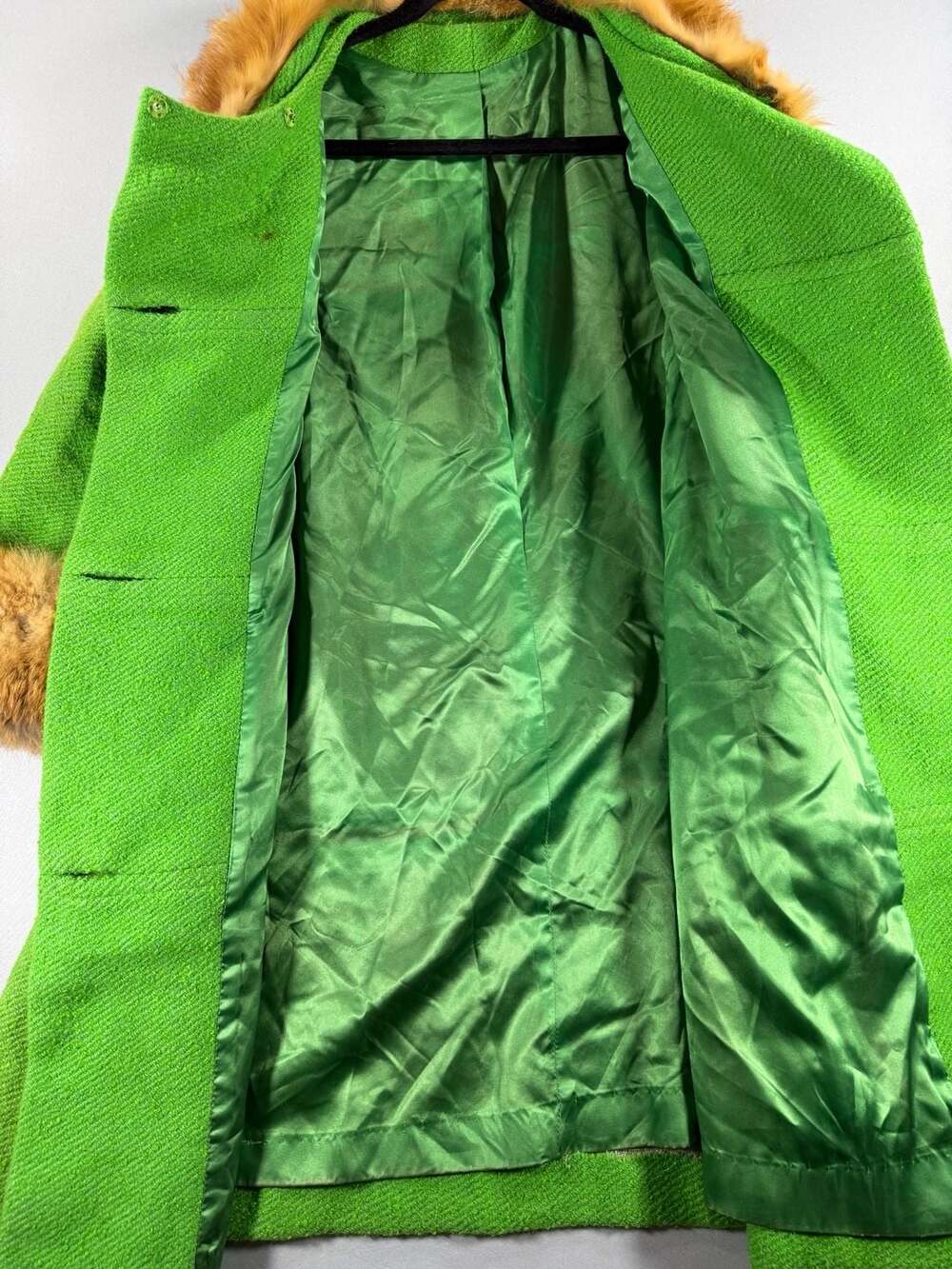 Vintage Green Wool Fur Collar Coat With Yellow Buttons - Picture 6 of 16